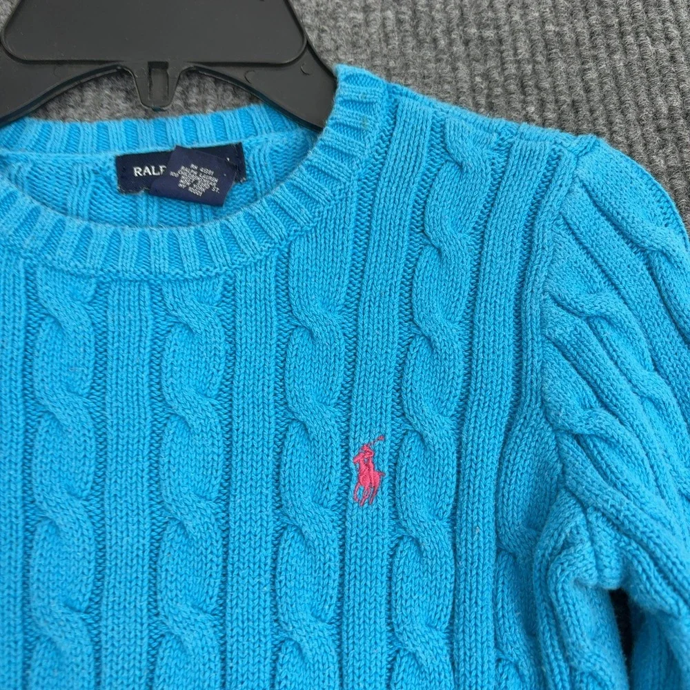 Ralph Lauren Sweater Girls M Blue 100% Cotton Cable Knit Crewneck Preppy Classic